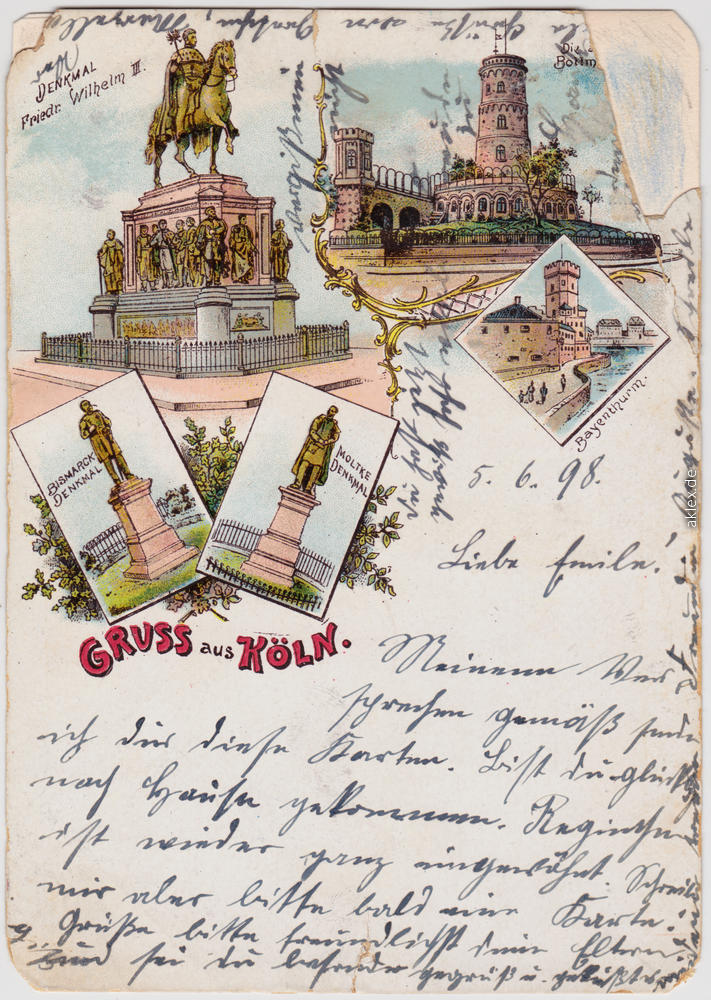 vintage Postcard from 1898: Denkmal Friedr. Wilhelm, Bismarck, Moltke, Bayenthurm:: Cologne
