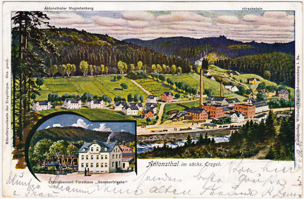 vintage Postcard from 1907: Magnetenberg, Fabrik und Etablissement Forsthaus:: Antonsthal-Breitenbrunn (Erzgebirge)