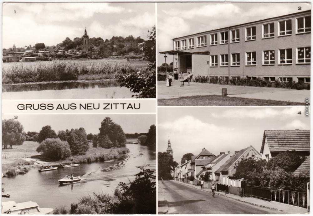 vintage Postcard from 1985: Gruss aus.. Oberschule, Spreelandschaft, Geschwister-Scholl-Straße:: Neu Zittau-Gosen-Neu Zittau