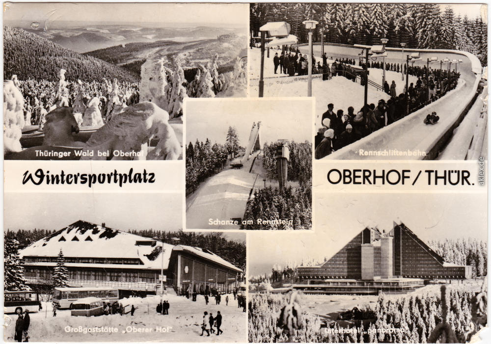 vintage Postcard from 1975: Rennschlittenbahn, Schanze, Interhotel, Gaststätte:: Oberhof (Thüringen)