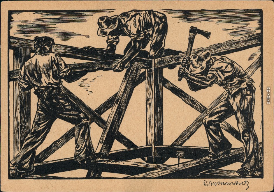 vintage Postcard from 1955: Rudolf Warnecke - Zimmerleute - DDR "Lob der Arbeit" Propaganda:: .Deutschland