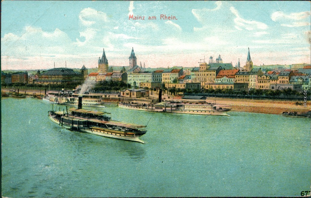 vintage Postcard from 1907: Panorama-Ansicht, Fährschiffe:: Mainz