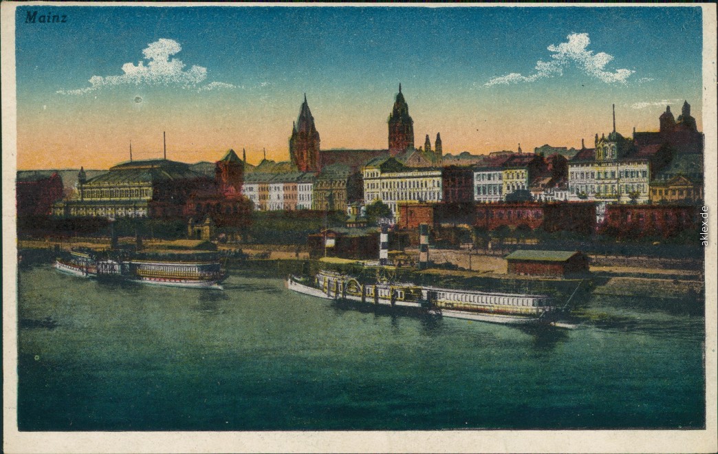 vintage Postcard from 1907: Panorama-Ansicht, Rheinpromenade, Fährschiffe:: Mainz