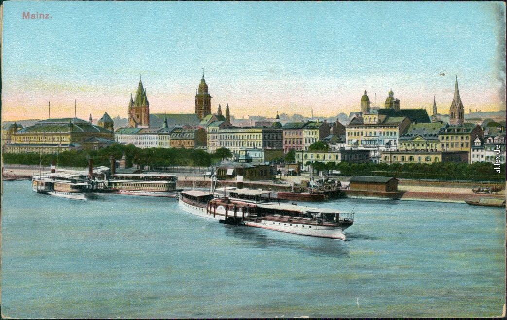 vintage Postcard from 1907: Panorama-Ansicht, Fährschiffe auf dem Rhein:: Mainz