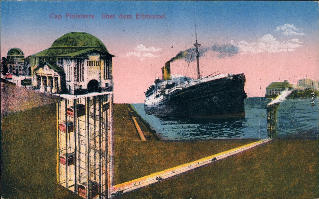 vintage Postcard from 1905: Kap Finisterre, Elbtunnel:: St. Pauli-Hamburg