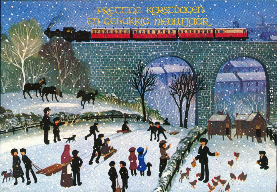 vintage Postcard from 1992: Glückwunsch - Weihnachten und Neujahr mit spielenden Kinder und Eisenbahn auf einer Brücke:: 