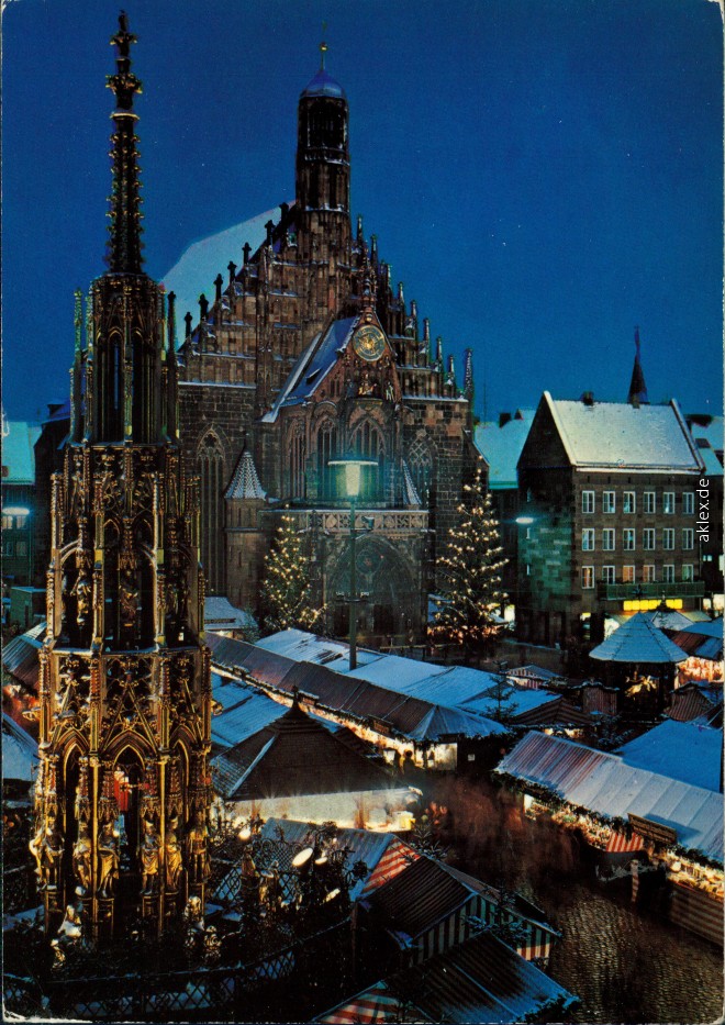 vintage Postcard from 1989: Christkindles-Markt, Weihnachtsmarkt am Abend:: Nuremberg