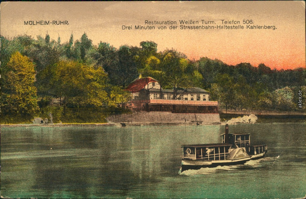 vintage Postcard from 1917: Restaurant "Weißer Turm", Fahrgastschiff:: Mülheim an der Ruhr