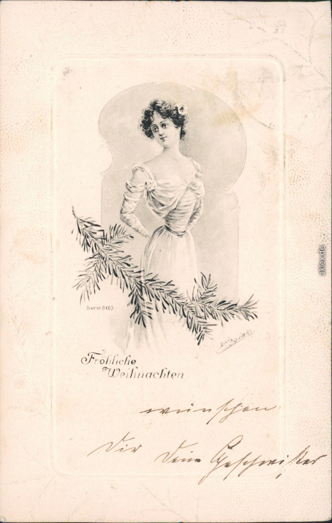 vintage Postcard from 1902: Glückwunsch/Grußkarten: Weihnachten - Frau im Kleid, Tannenzweig:: 