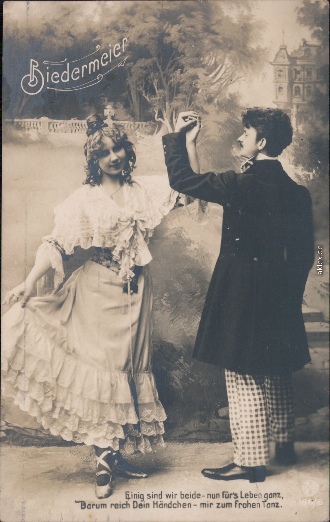 vintage Postcard from 1907: Liebespaar: Biedermeier Kleider:: 