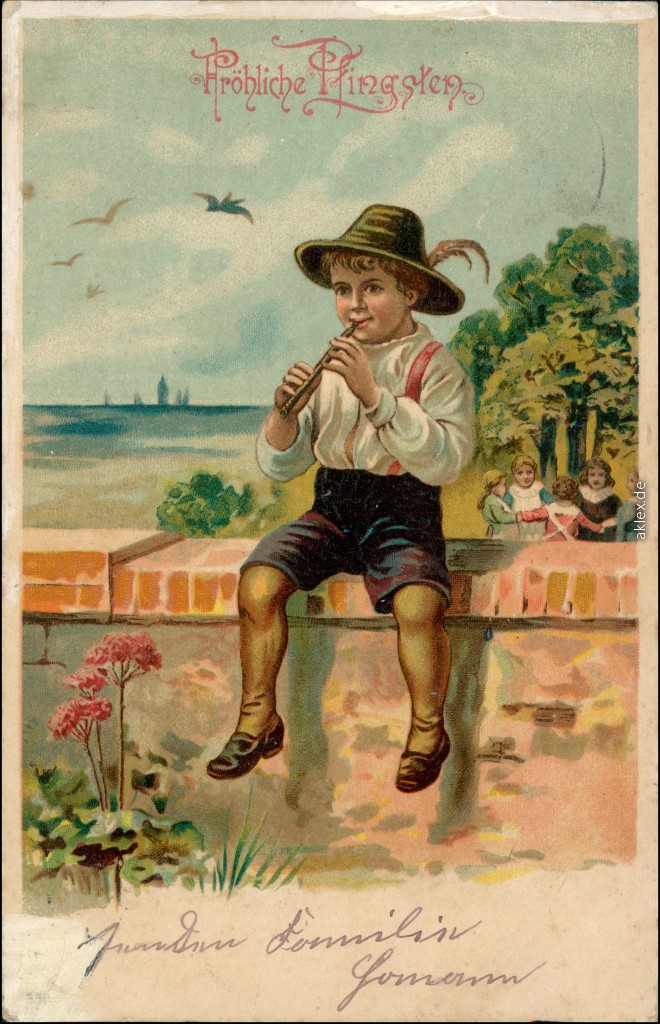 vintage Postcard from 1904: Glückwunsch: Pfingsten - Junge mit Flöte:: 