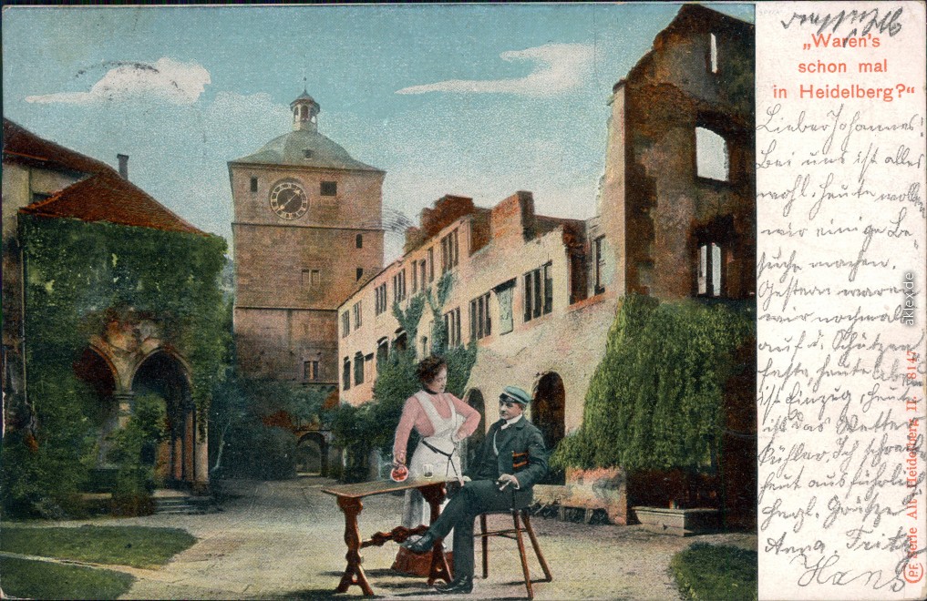 vintage Postcard from 1903: Heidelberger Schloss mit Bursche und Kellnerin:: Heidelberg