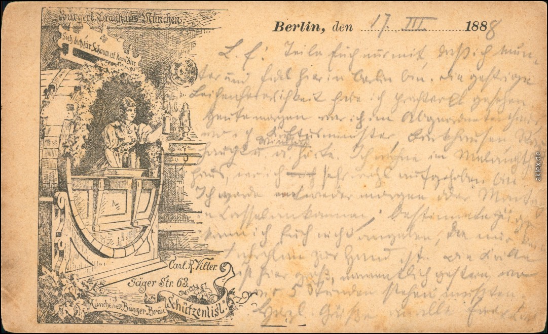 vintage Postcard from 1888: Vorläufer Ak Münchner Bürgerbräu - Jägerstr. 63:: Mitte-Berlin
