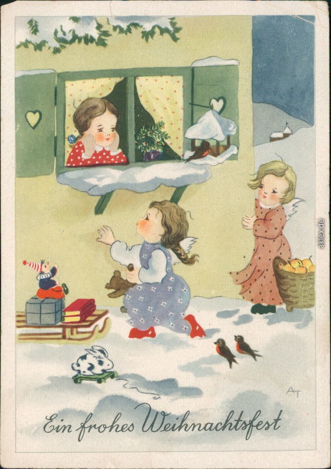 vintage Postcard from 1949: Glückwunsch/Grußkarten: Weihnachten - Kinder im Schnee mit Geschenken:: 