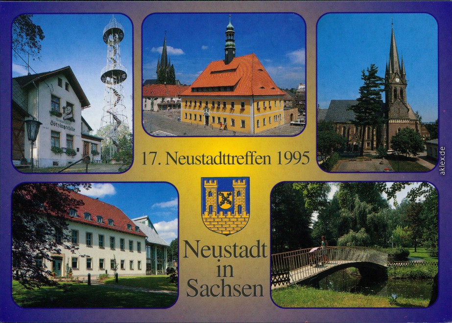 Rathaus, Gasthaus, Kirche, Turm, Park mit Brücke Neustadt (Sachsen) AnsichtskartenLexikon