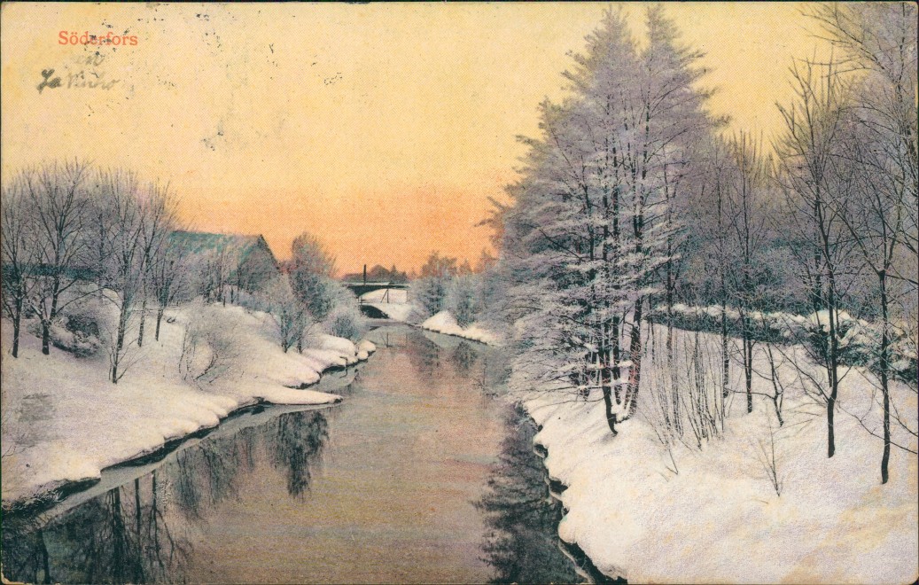 vintage Postcard from 1913: Ansicht im Winter mit Fluss:: Söderfors