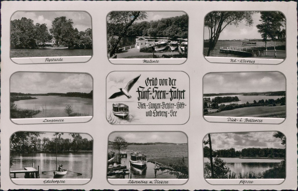 vintage Postcard from 1957: Gruß von der Fünf-Seen-Fahrt: Langensee, Malente, Edebergsee, Höftsee, Dicksee:: 
