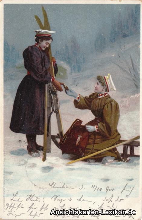 vintage Postcard from 1900: Wintervergnügen - Norwegische Künstler-Ansichtskarte:: 