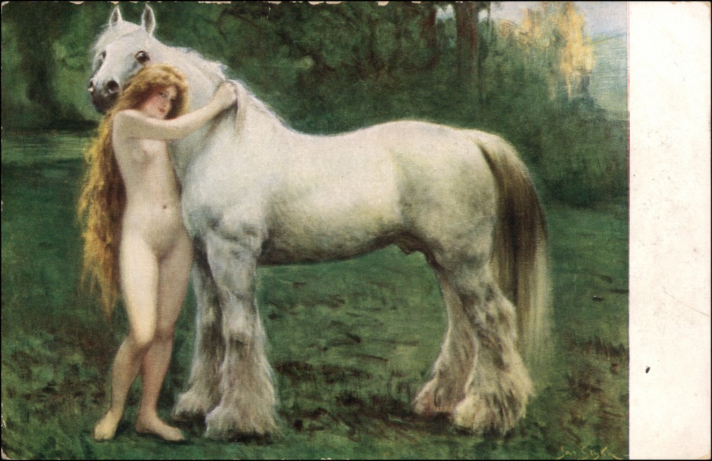 vintage Postcard from 1918: Künstlerkarte: Erotik nackte Junge Frau - Pferd. zoom: Image ...