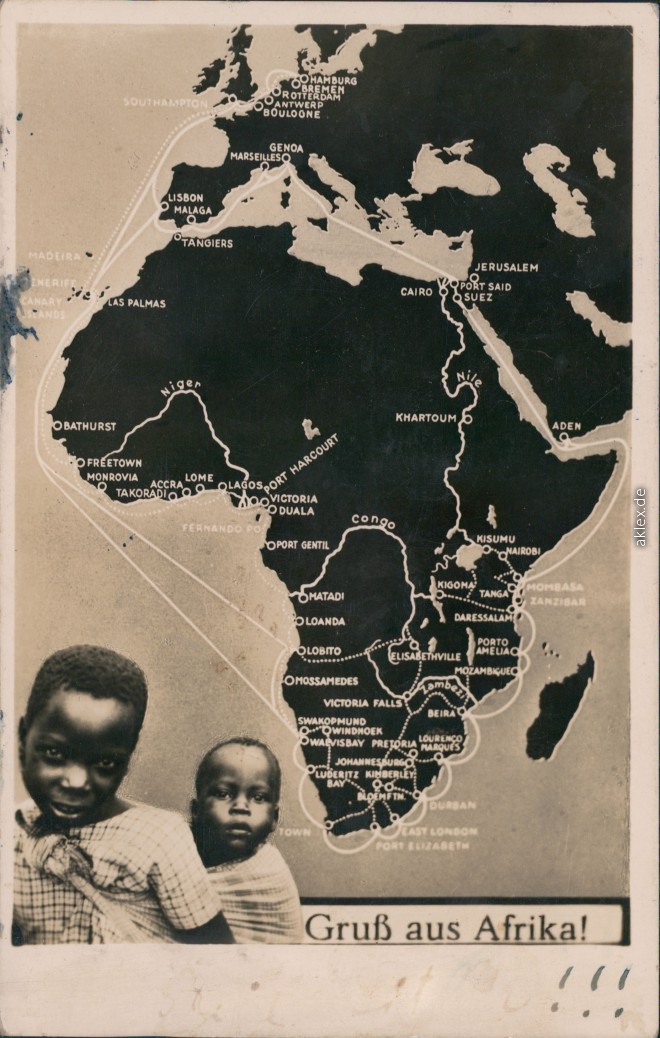 vintage Postcard from 1934: Gruß aus Afrika - Kinder Landkarte:: 