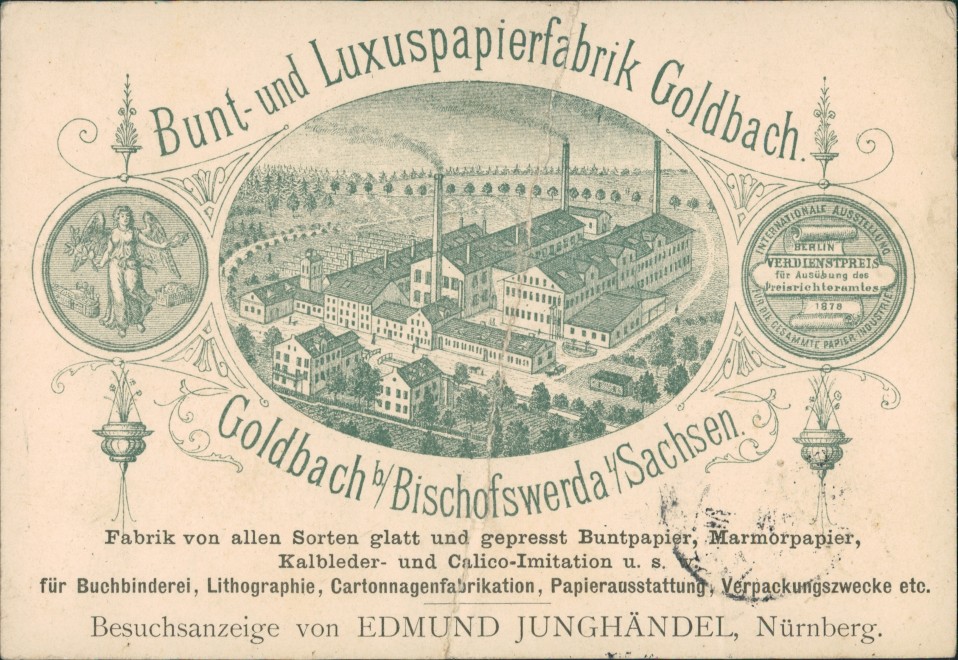 vintage Postcard from 1899: Werbe AK: Luxuspapierfabrik:: Goldbach-Bischofswerda