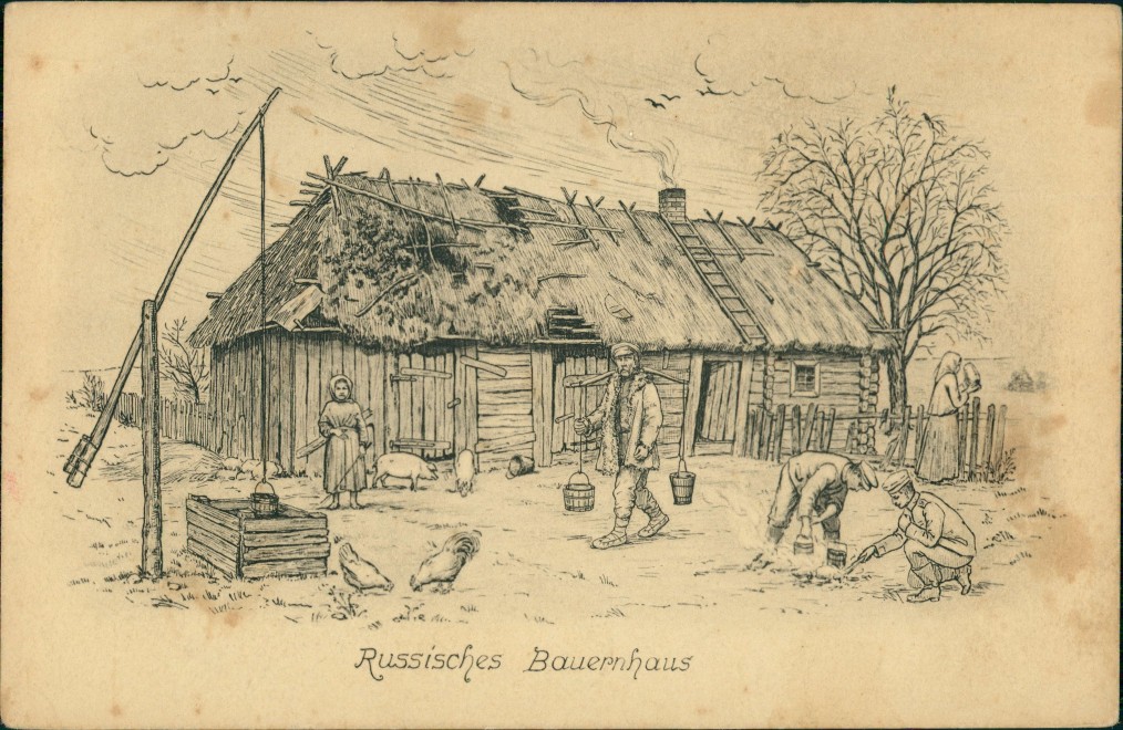 vintage Postcard from 1918: Russisches Bauernhaus, Künstlerkarte Kaputtes Dach, Schweine Hühner Brunnen:: 