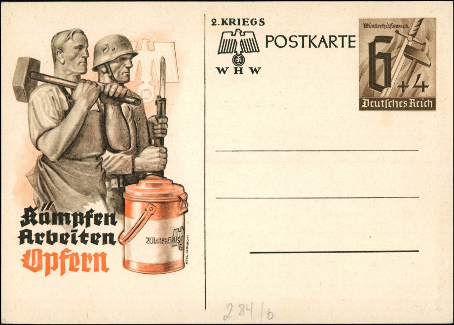 vintage Postcard from 1940: Ganzsache Winterhilfswerk 2. Kriegs WHW: Kämpfen Arbeiten Opfern:: 
