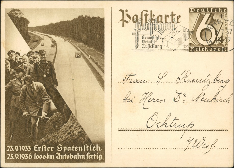 vintage Postcard from 1937: Ganzsachen DR Führer erster Spatenstich, 100km Autobahn fertig WHW:: 