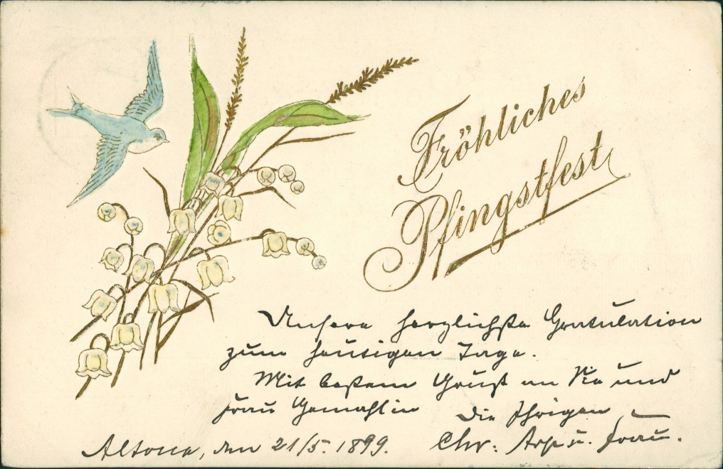 vintage Postcard from 1898: Glückwunsch: Pfingsten, Goldprägekarte Märzenbecher Schwalbe:: 