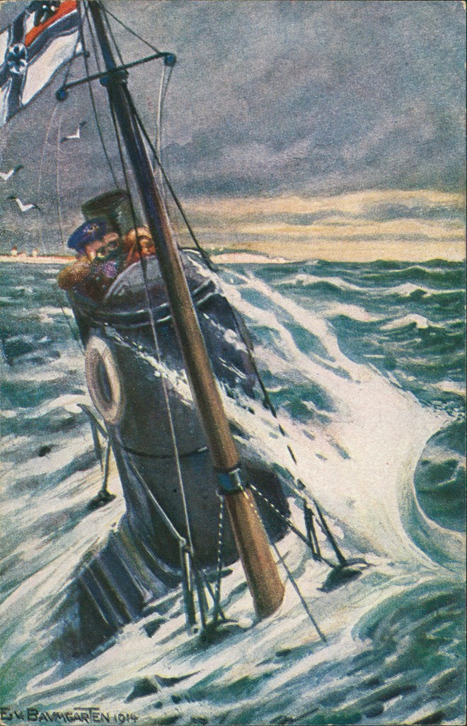 vintage Postcard from 1915: Baumgarten Kunst-AK Dt. Unterseeboot U-Boot auf Patrouille vor England:: 