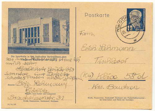 vintage Postcard from 1952: Sporthalle in Stalinallee:: Berlin