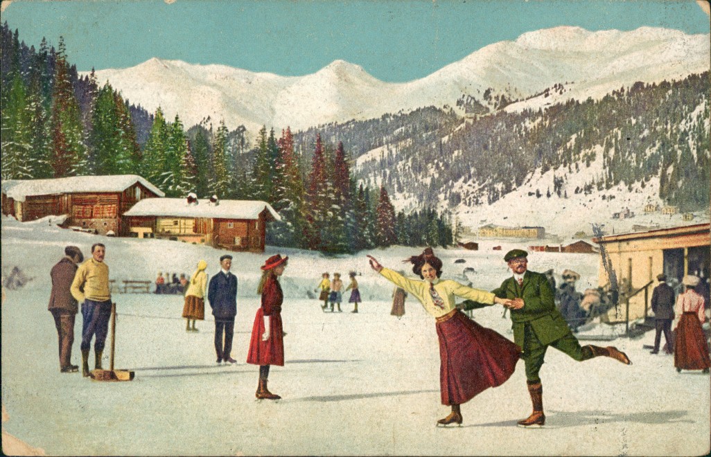 vintage Postcard from 1912: Schlittschuh laufen in den Bergen (gel Rußland):: 