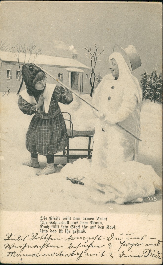 vintage Postcard from 1903: Junge als Schneemann, Mädchen - Winterszene:: 