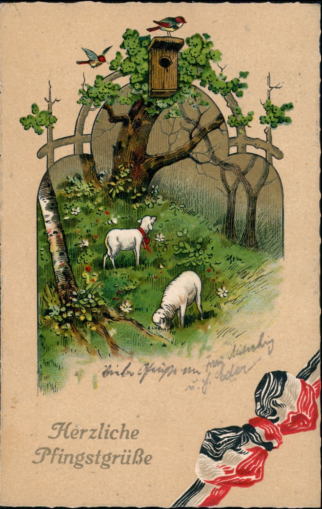 vintage Postcard from 1915: Glückwunsch: Pfingsten Schafe Künstlerkarte Patriotika:: 