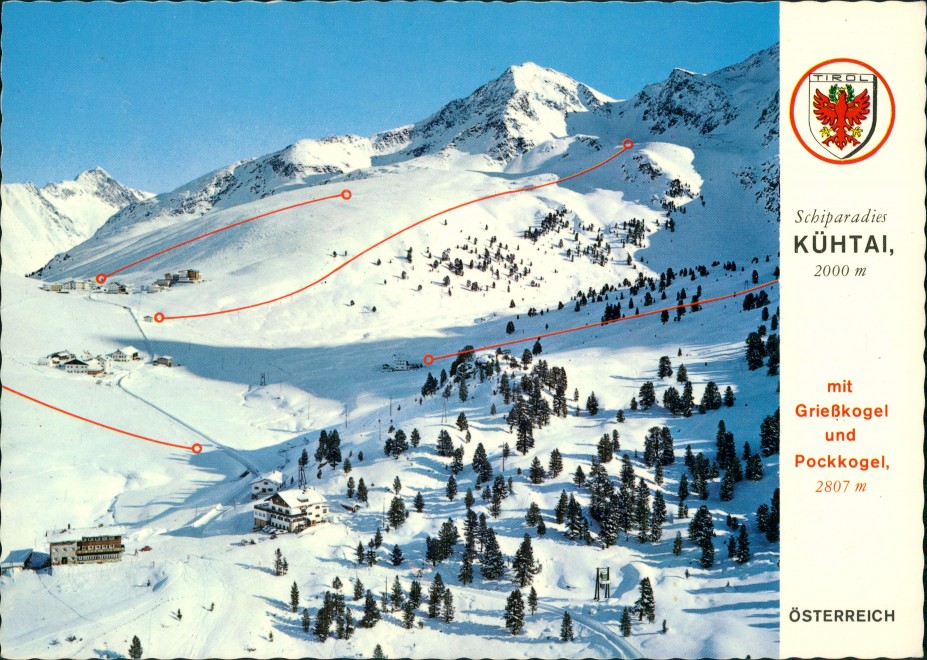vintage Postcard from 1970: Schiparadies mit Grießkogel und Pockkogel:: Kühtai