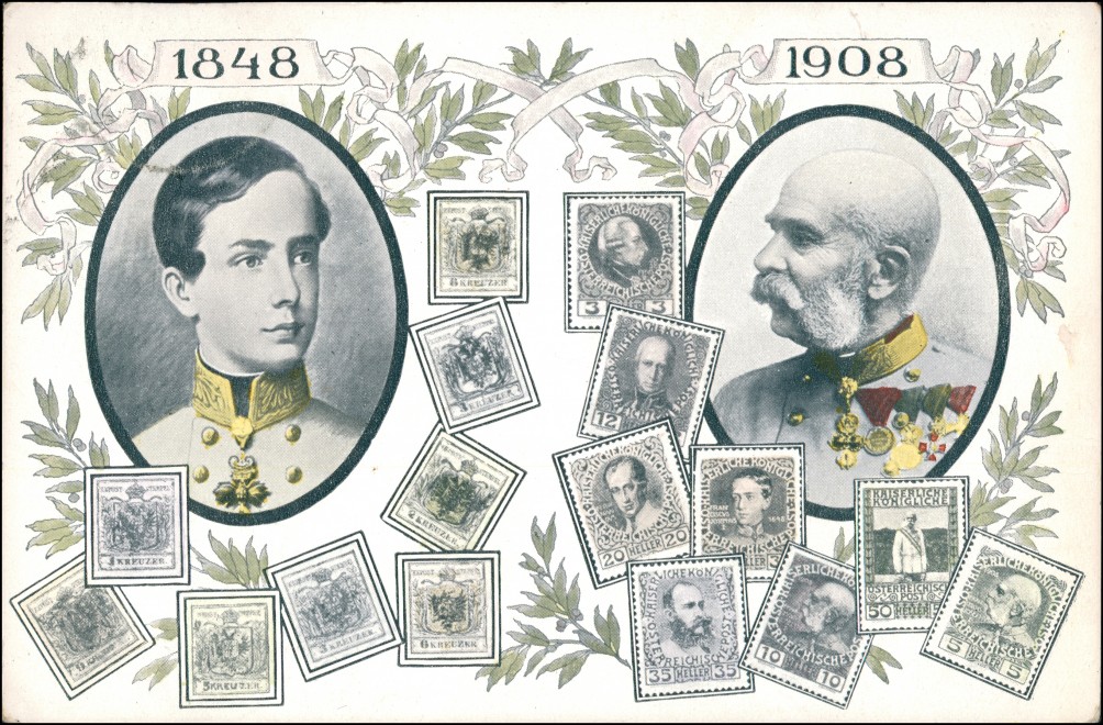 vintage Postcard from 1909: 50 Jahre Kaiser Österreich Kuk Briefmarken:: 
