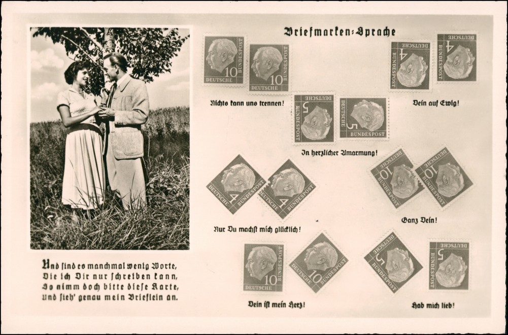 vintage Postcard from 1959: Liebespaar - Briemarkensprache Heuss:: 