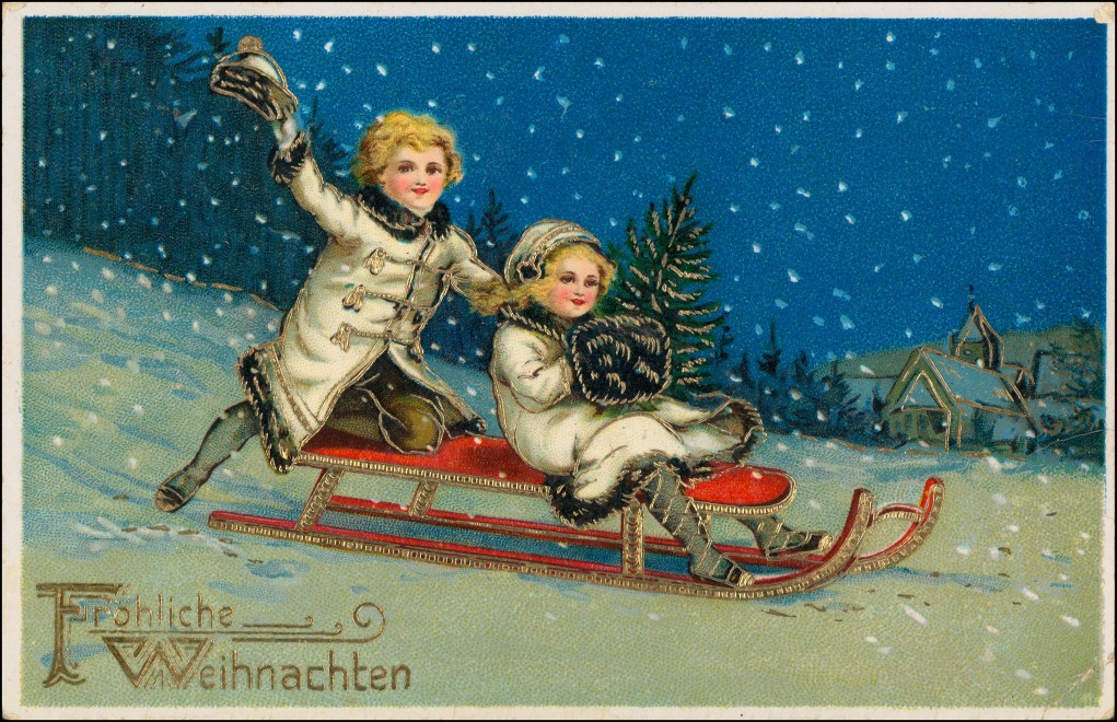 vintage Postcard from 1915: Weihnachten Kinder auf Schlitten Goldprägekarte:: 