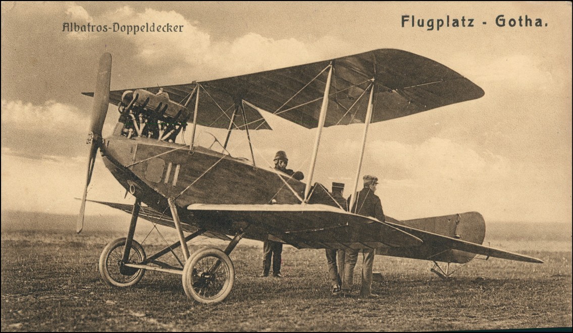 vintage Postcard from 1916: Flugplatz Albatros-Doppeldecker Piloten:: Gotha