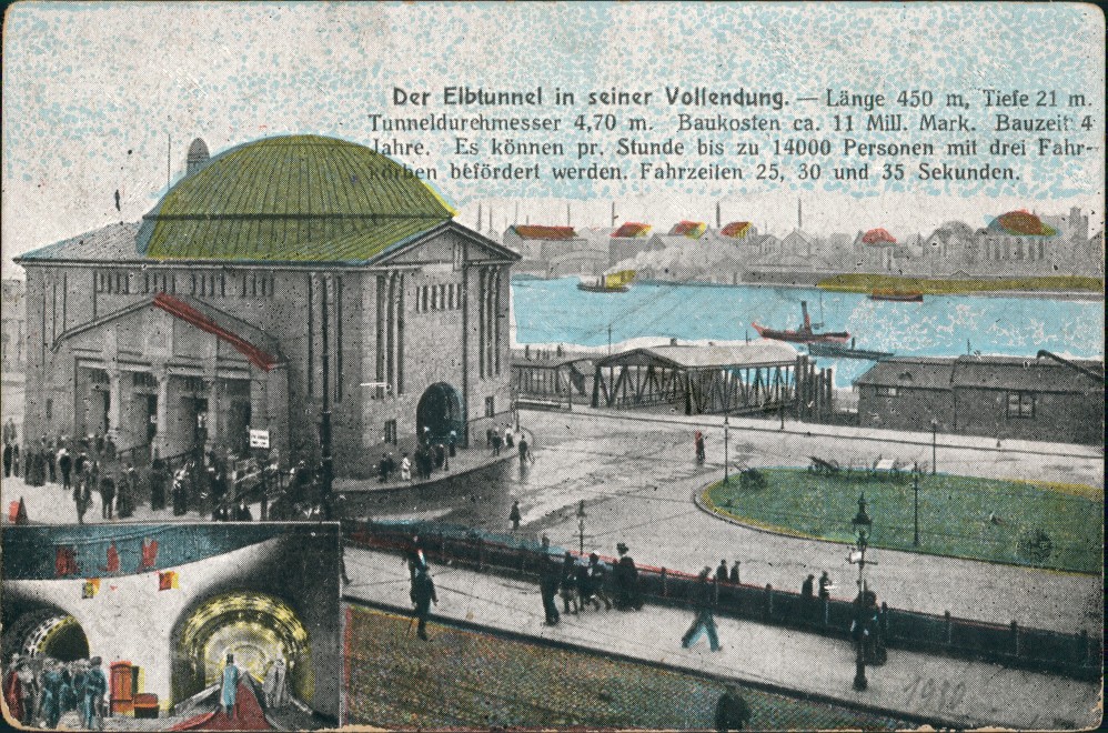 vintage Postcard from 1910: Elbtunnel 2 Bild, Anleger - Stadt:: St. Pauli-Hamburg