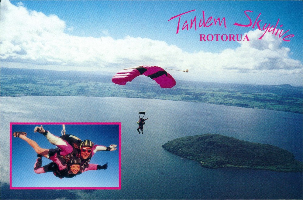 vintage Postcard from 1996: Südsee Insel ROTORUA Ozeanien, Tandem Fallschirm-Sprung:: 