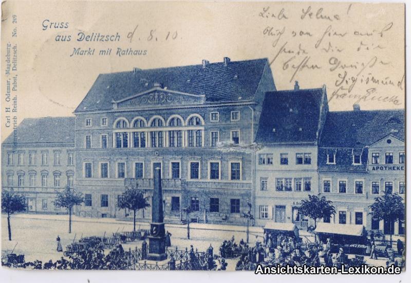 Markttreiben und Rathaus - Blaudruck :: Delitzsch :: VintagePostcards ...