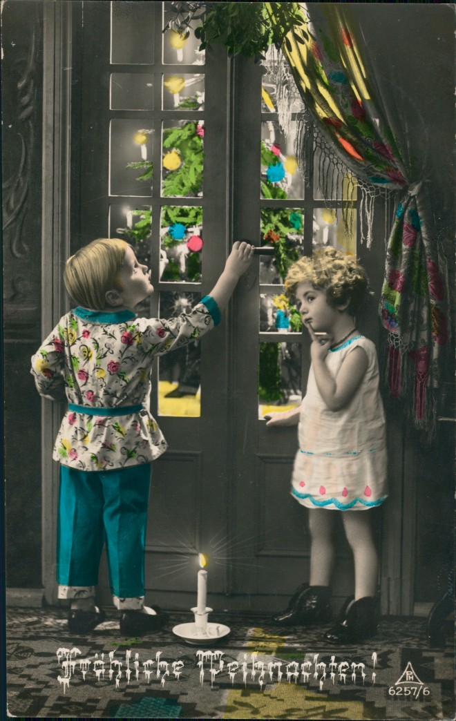 vintage Postcard from 1928: Weihnachten: Weihnachtsbaum Kinder coloriert Fotokunst:: 