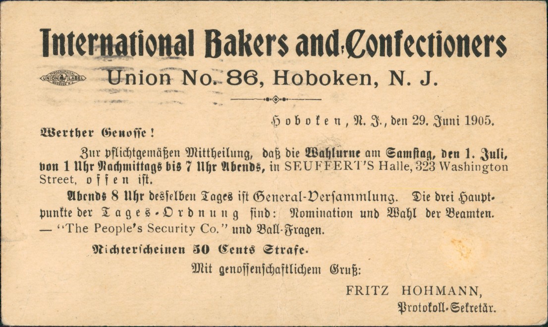 vintage Postcard from 1905: Ganzsachen Firmen-Postkarte Int. Bakers and Confectioners:: Hoboken (N.J.)