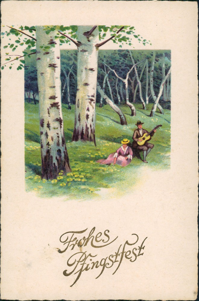 vintage Postcard from 1930: Pfingsten Gruss Pfingsfest Paar im Wald, Mann mit Gitarre:: 