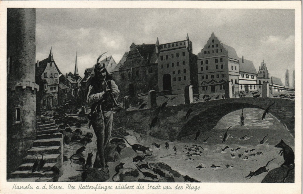 vintage Postcard from 1930: Rattenfänger säubert Stadt von Ratten Plage:: Hameln