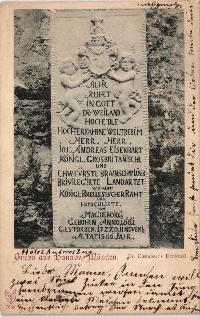 vintage Postcard from 1899: Dr. Eisenbart`s Denkmal mit Inschrift:: Hann. Münden