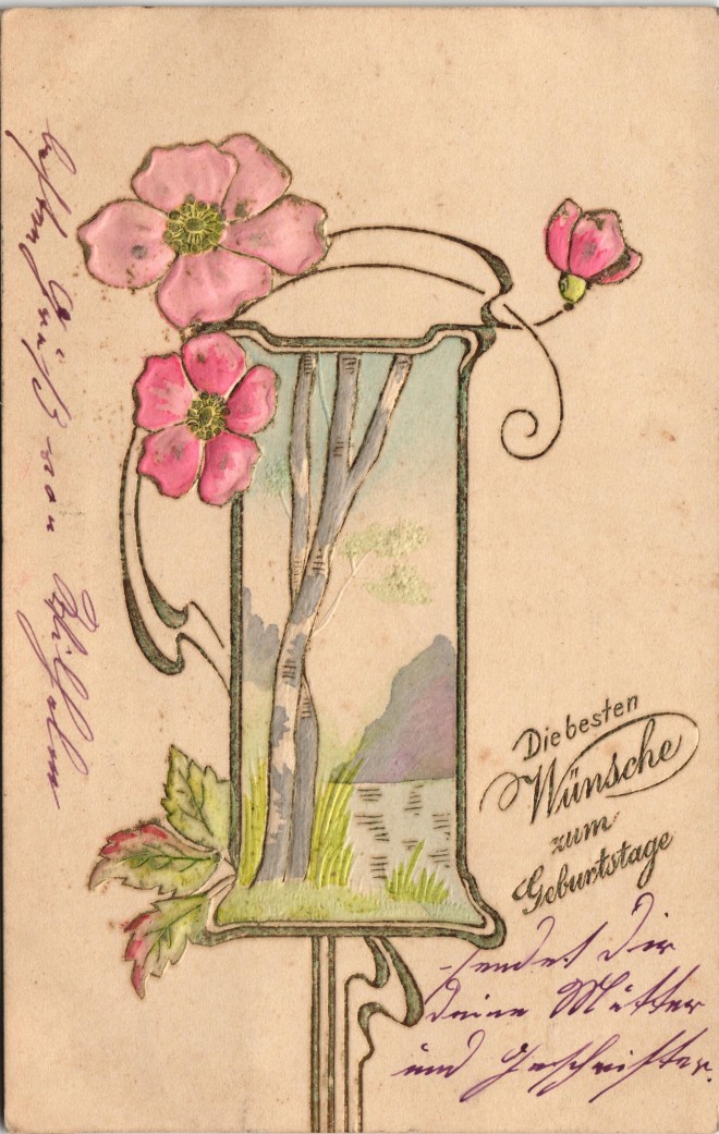 JUGENDSTIL-Karte Gold-Ornament Blumen, Geburtstag :: :: Ansichtskarten