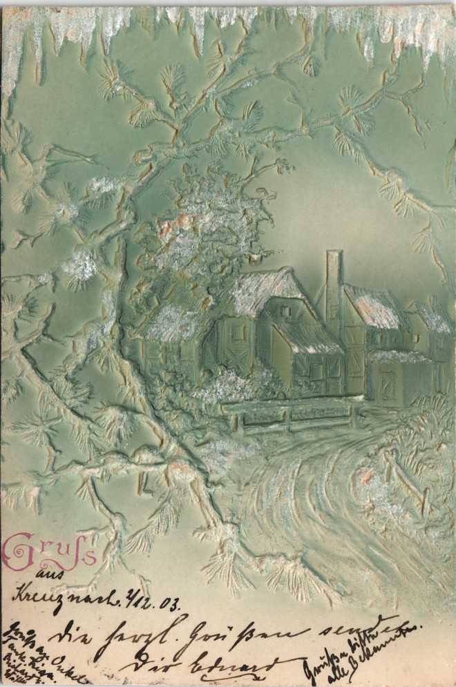 vintage Postcard from 1903: Winter-Ansichtskarte  (Schnee/Eis) / Stimmungsbild Dorfpartie:: 