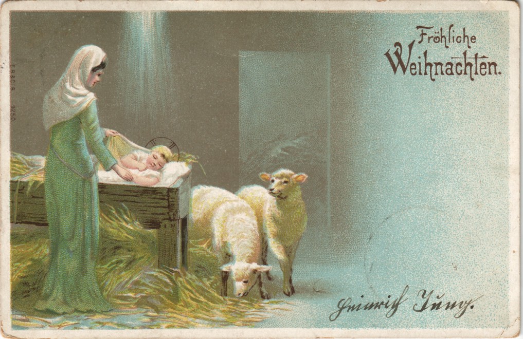 vintage Postcard from 1905: Grußkarte Weihnachten (Christmas) Maria Jesus Krippe, Lämmer:: 